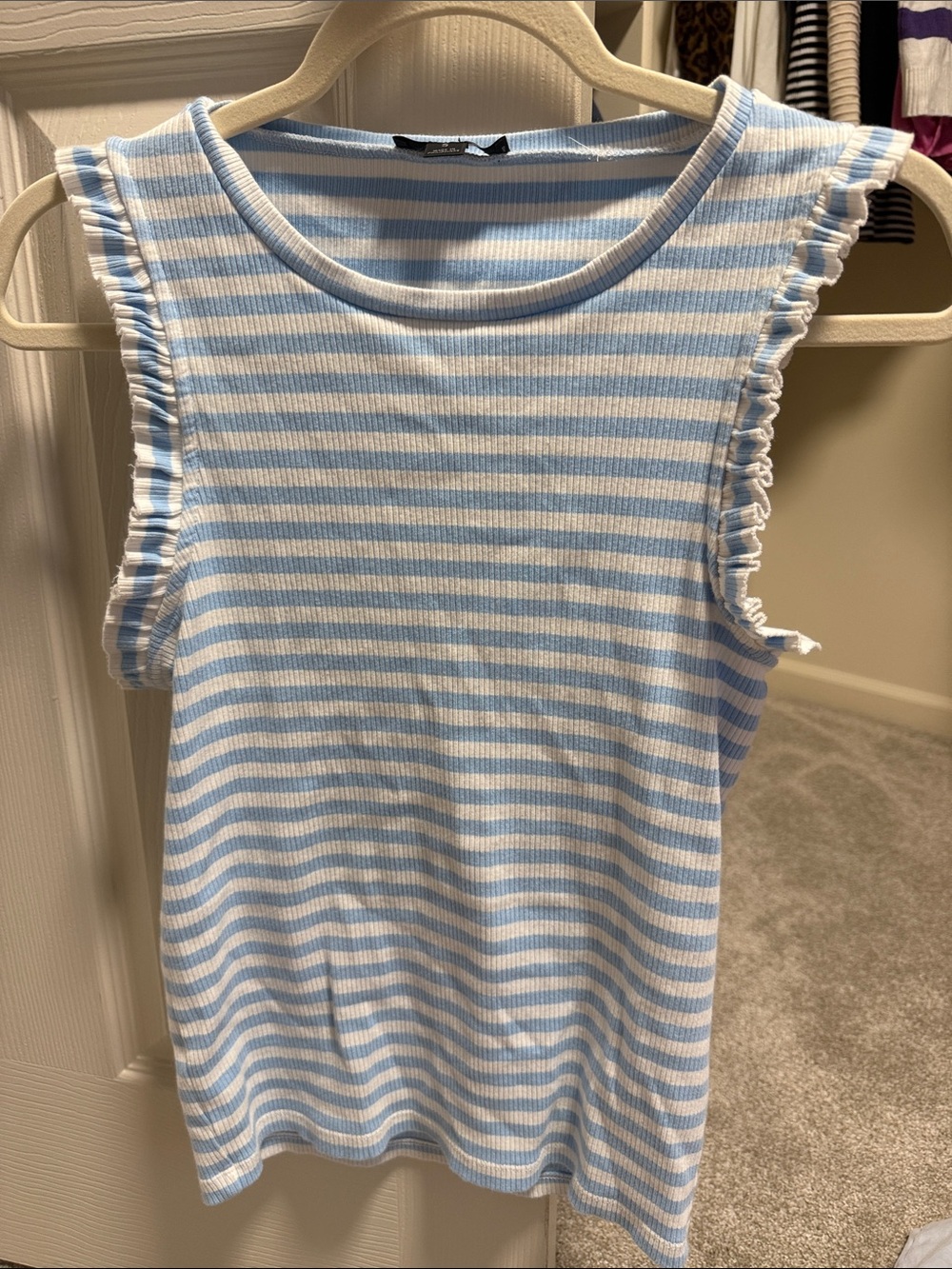 J. Crew Blue & White Striped Ruffle Sleeve Tank Top